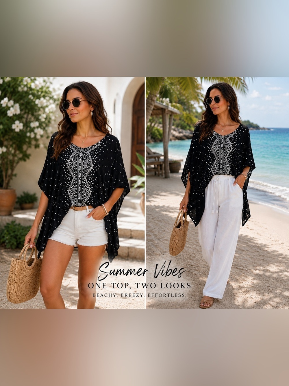 Chico's Monochrome Geometric Poncho Dolman Sleeves Light weight Size S-M Casual